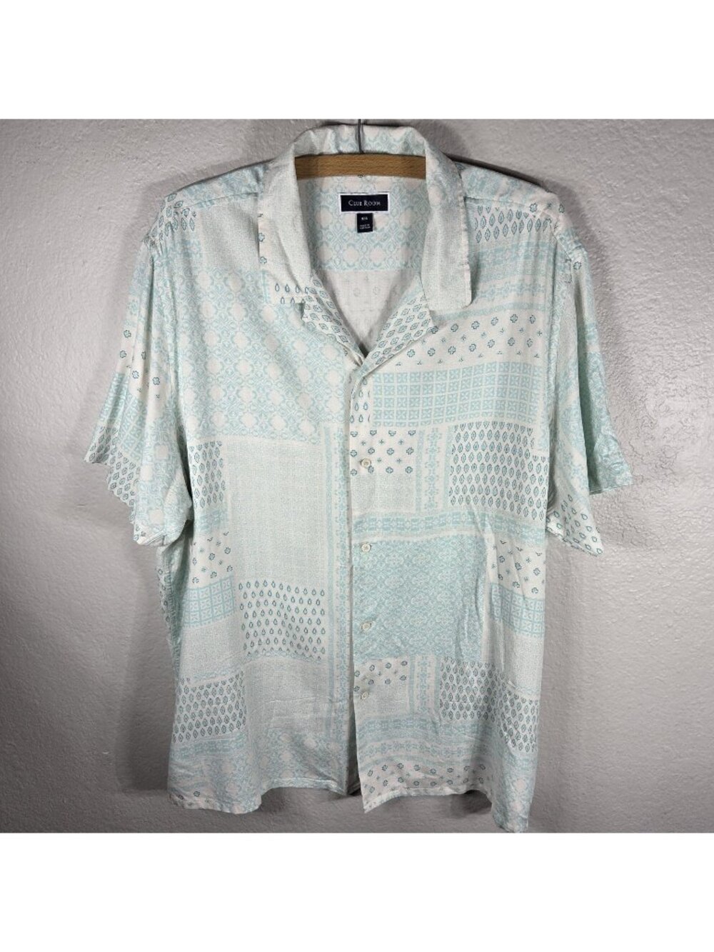 Club Room Men's XXL Button Up Shirt Silk Blend Turquoise Short Sleeve Patchwork
